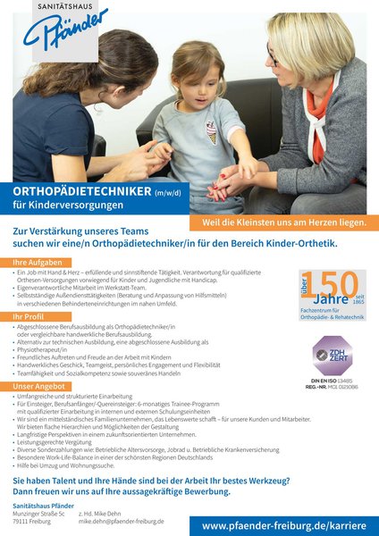 Sanitätshaus Pfänder Jobs Karriere Orthopädietechniker für Kinderversorgung
